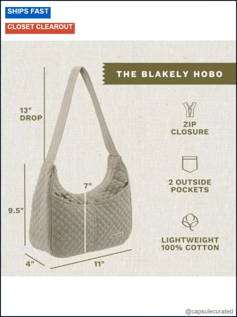 Quilted Cotton Shoulder Bag with Top Zipper, Lightweight Hobo Purse for Women